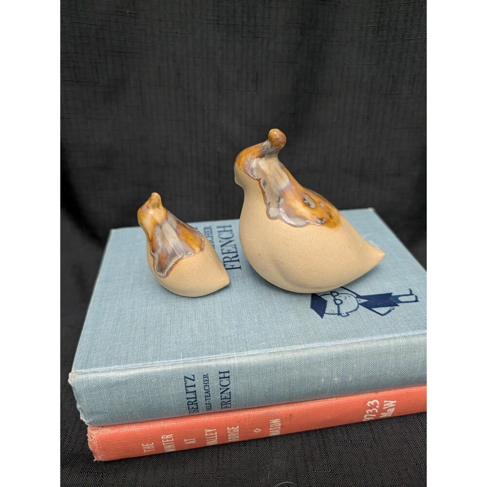Quail Bird Figurines Set of 2 Glazed Pottery Small Mother Baby 3.5"